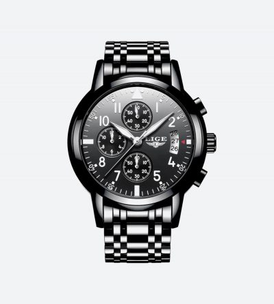 LIGE Full Steel Black Clock LIGE9825