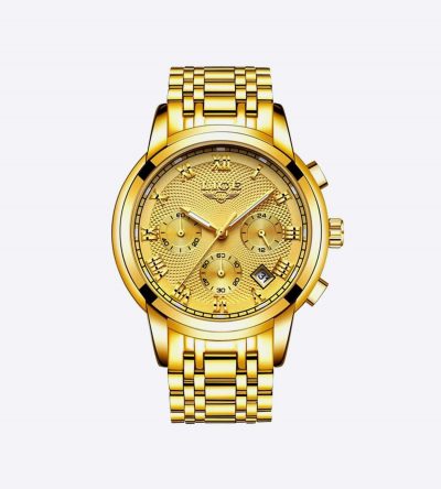 Men Sports Watches Waterproof Full Steel Golden Color LIGE9849