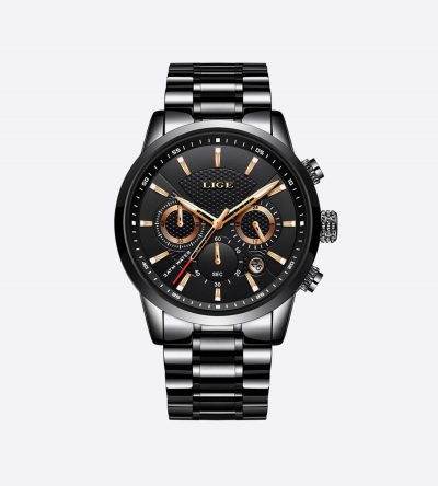 LIGE 9866 Luxury Black Stainless Steel Men Watch