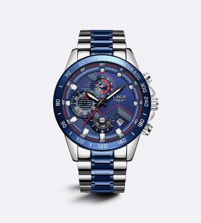 LIGE 9982 Luxury Men Stainless Steel Waterproof Watch Silver Blue